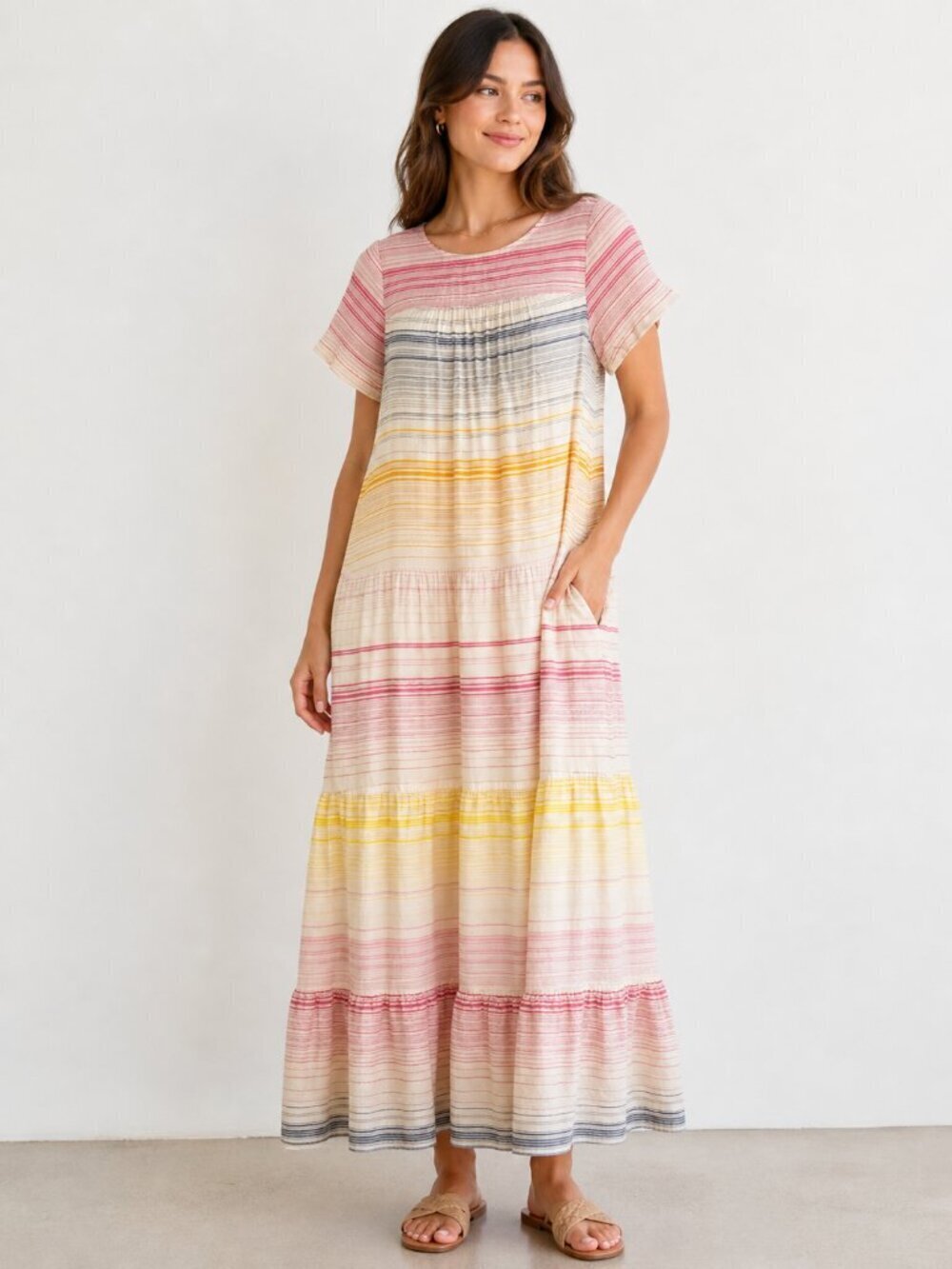 Anthropologie Striped Tiered Colorful Fun Sun Maxi Dress Pockets XS